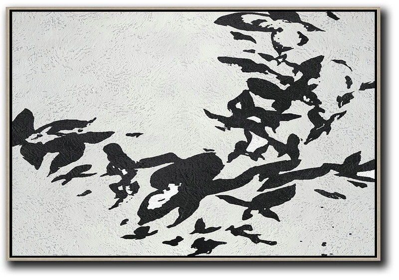 Hand Painted Acrylic Painting,Oversized Horizontal Minimal Art On Canvas, Black And White Minimalist Painting - Huge Abstract Canvas Art